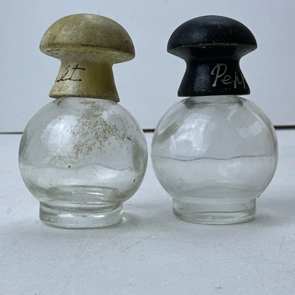 Vintage Salt Pepper Shakers Japan Clear Glass Globes Wood Tops As Is